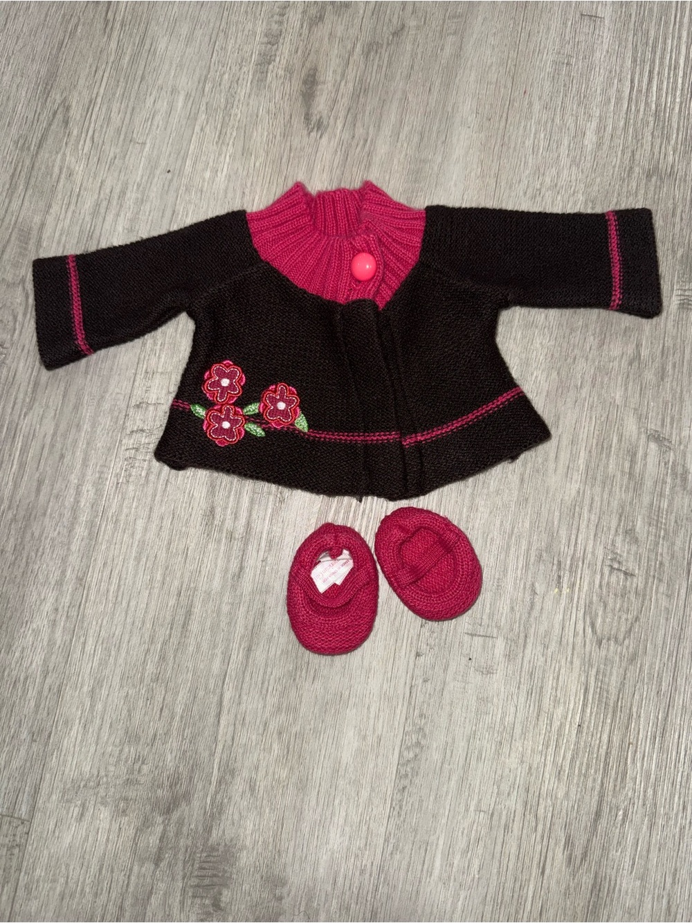 American Girl Black Knit Cardigan with Hot Pink Trim & Matching Shoes